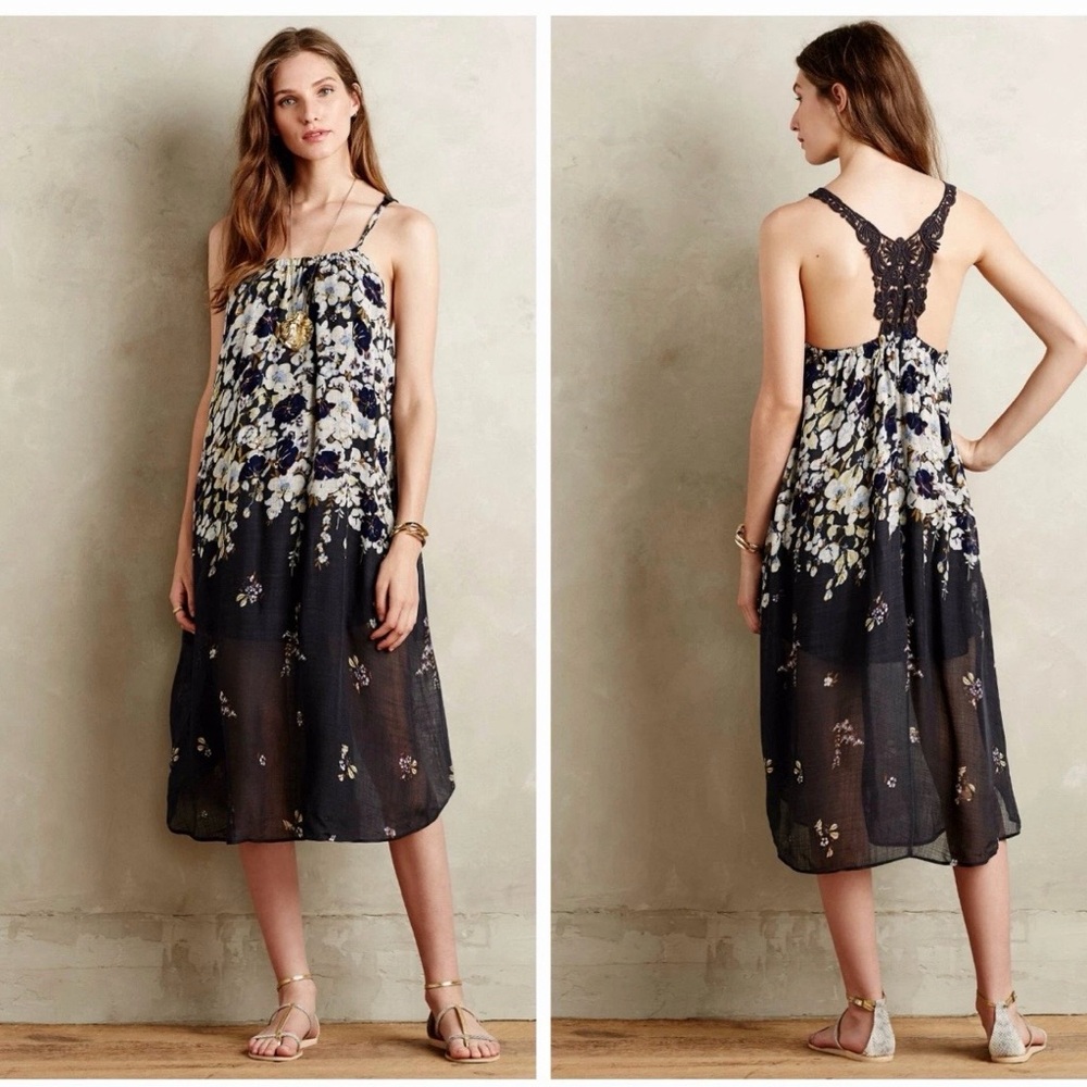 Anthropologie Black Floral Lace-Back Spaghetti-Strap Midi Dress